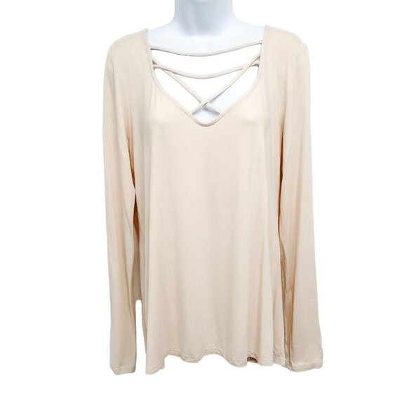 Buckle Strappy Chest Cutouts Long Sleeve Jersey Knit Basic Tunic Top Beige XL - Picture 1 of 6